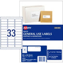 Avery General Use Labels 938200 / L7157GU 64 x 25.4mm 33 Per Sheet White Pack 3300