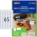 Avery Labels Removable Laser Inkjet 959049 / L7651REV 38.1 x 21.2mm 65 Per Sheet Pack 1625