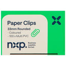 NXP Paper Clips Round Coloured PVC Steel 33mm Coloured Box 100