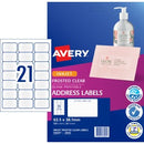 Avery Address Labels Inkjet Printer 936007 / J8560 63.5 x 38.1mm 21 PerSheet Frosted Clear Pack 525