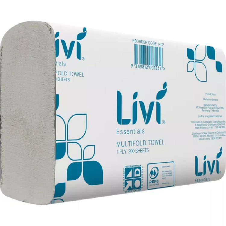 Livi Essentials 1402 Slimfold Paper Towel 1 Ply 200 Sheets per pack White Carton of 20