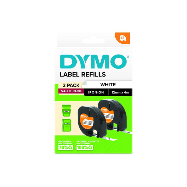 Dymo LetraTag Iron-On Tape Black On White 12mmx2m Pack 2