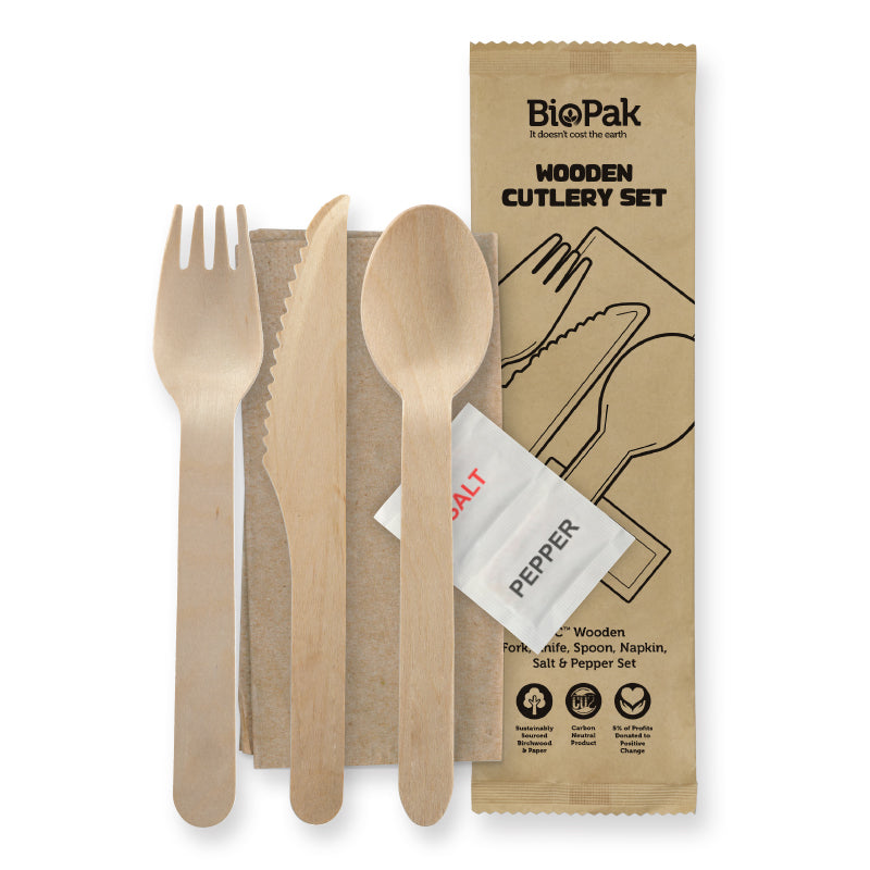 Biopak FSC Certified Wood 160mm Cutlery Set Knife Fork Spoon Napkin Salt & Pepper Box 100