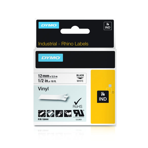 Dymo Rhino Industrial Tape Vinyl Black On White 12mmx5.5m
