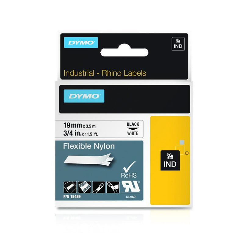 Dymo Rhino Flexible Nylon Label Tape Black On White 19mmx3.5m