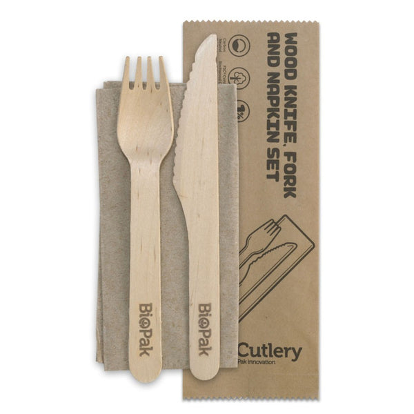 Biocutlery FSC Certified Birchwood 16cm Knife Fork & Napkin Set Carton 400