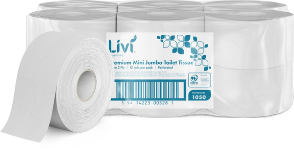 Livi Essentials Premium Mini Jumbo Toilet Tissue 2 Ply White 1050 - ctn 12